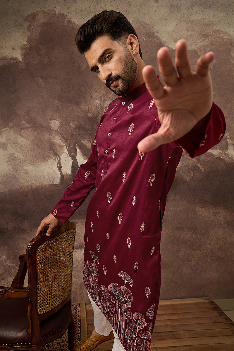 Mens Maroon Silk Blend Solid Embroidered Straight Kurta