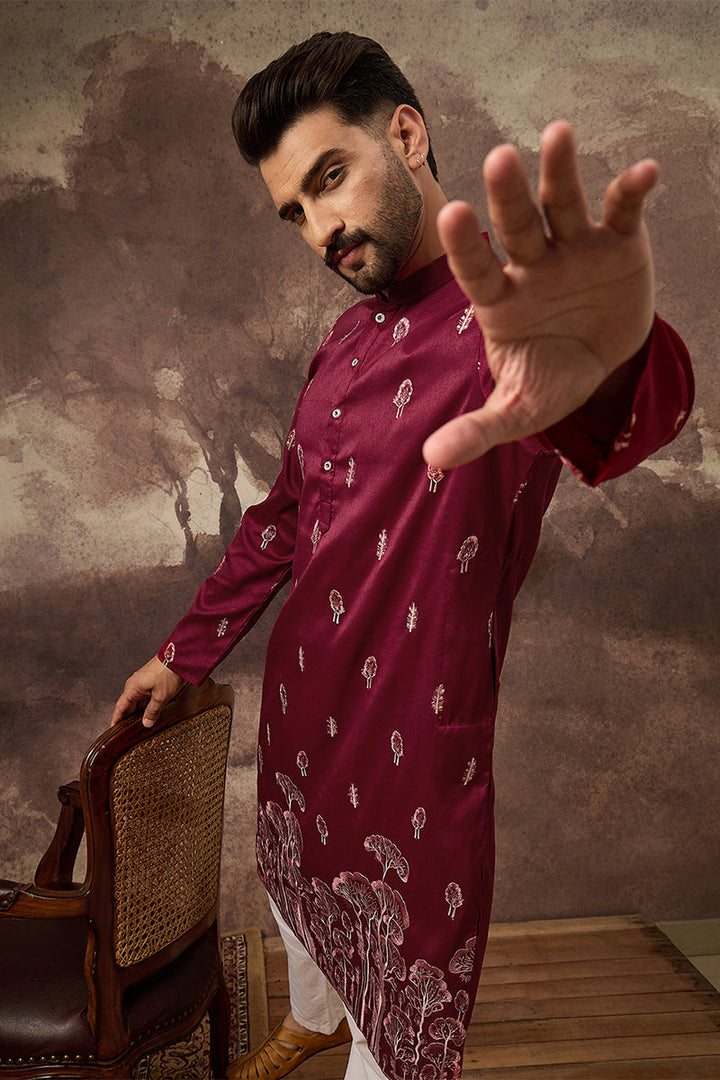 Mens Maroon Silk Blend Solid Embroidered Straight Kurta
