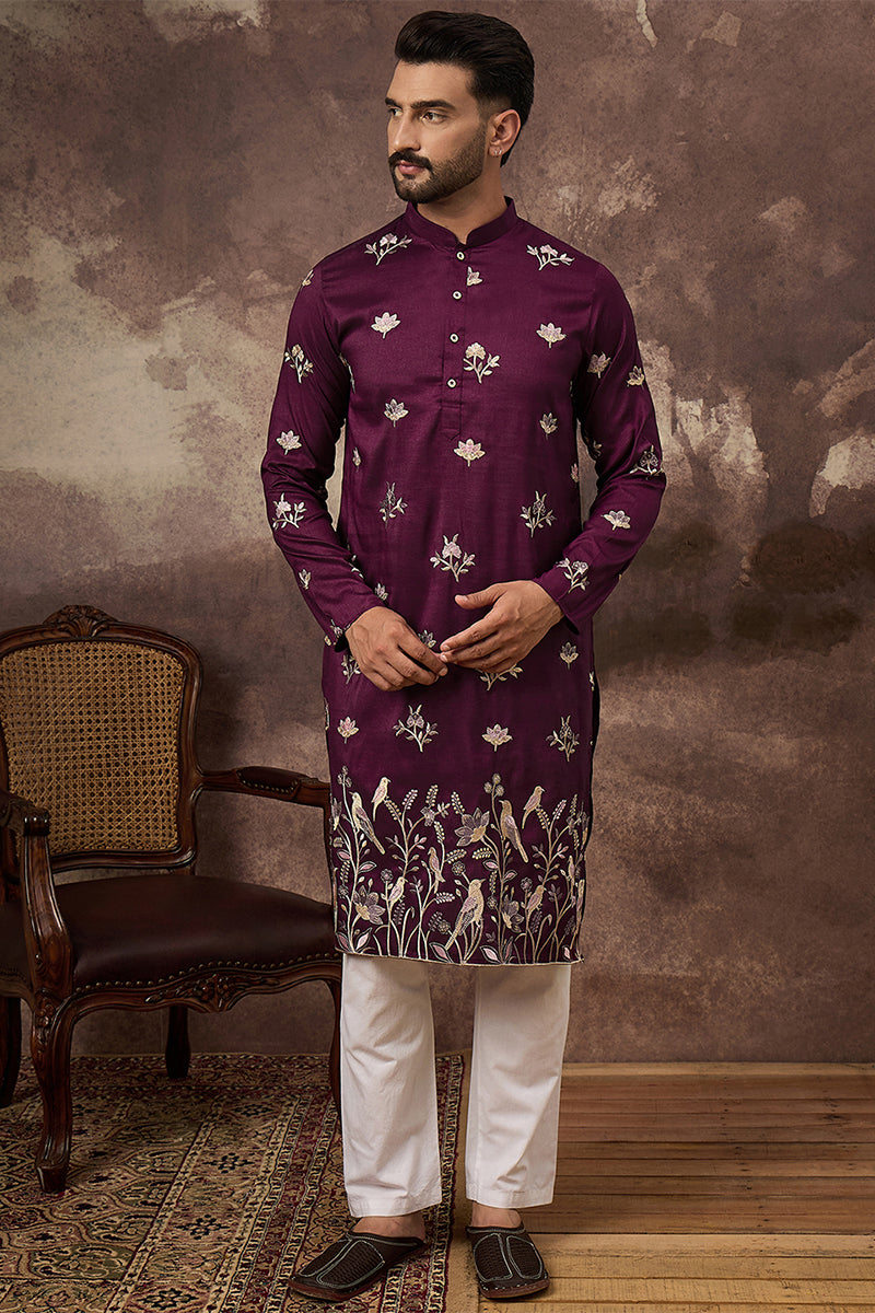 Mens Purple Silk Blend Solid Embroidered Straight Kurta
