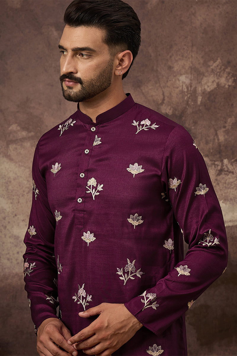 Mens Purple Silk Blend Solid Embroidered Straight Kurta