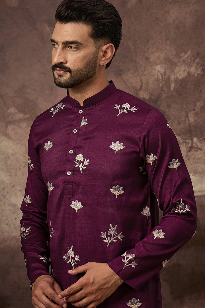 Mens Purple Silk Blend Solid Embroidered Straight Kurta