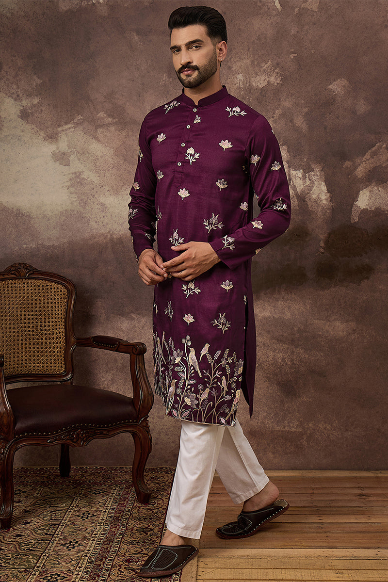 Mens Purple Silk Blend Solid Embroidered Straight Kurta
