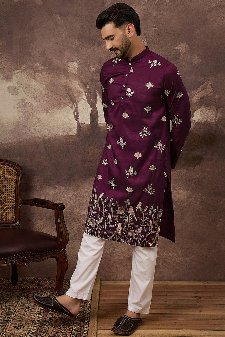 Mens Purple Silk Blend Solid Embroidered Straight Kurta