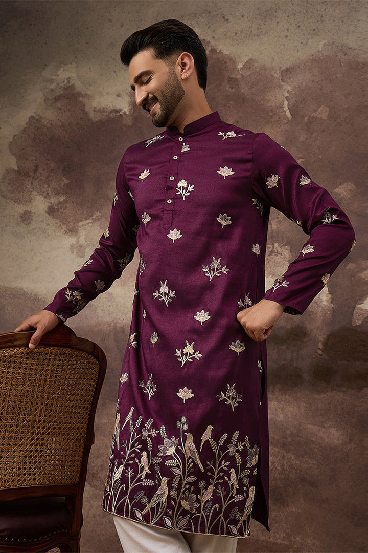 Mens Purple Silk Blend Solid Embroidered Straight Kurta