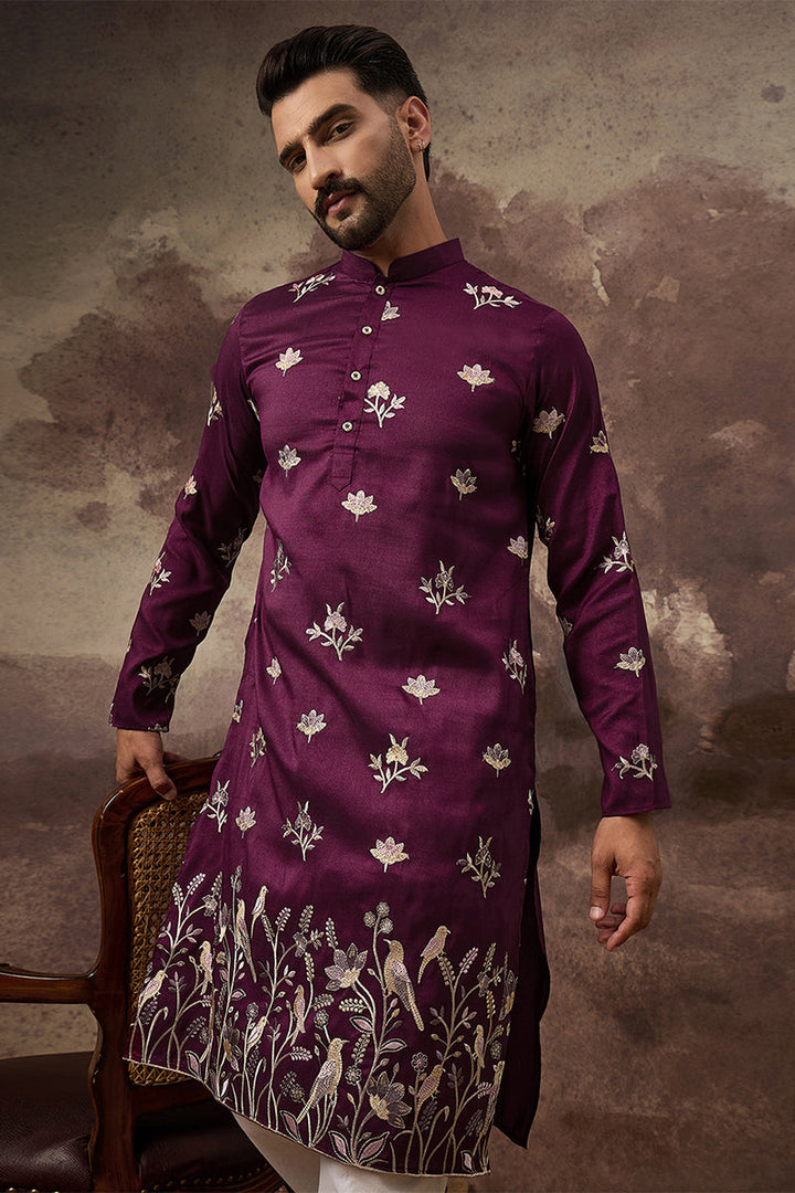 Mens Purple Silk Blend Solid Embroidered Straight Kurta