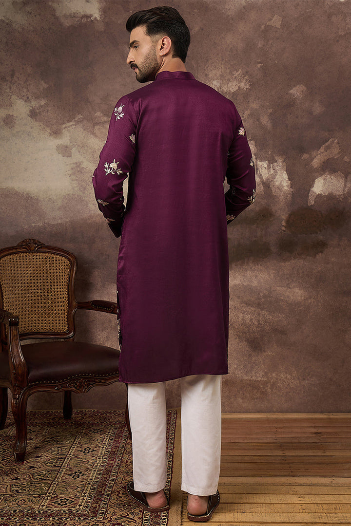 Mens Purple Silk Blend Solid Embroidered Straight Kurta