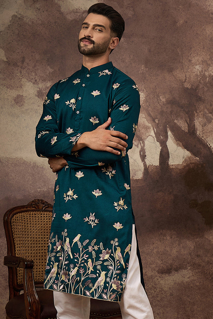 Mens Blue Silk Blend Solid Embroidered Straight Kurta
