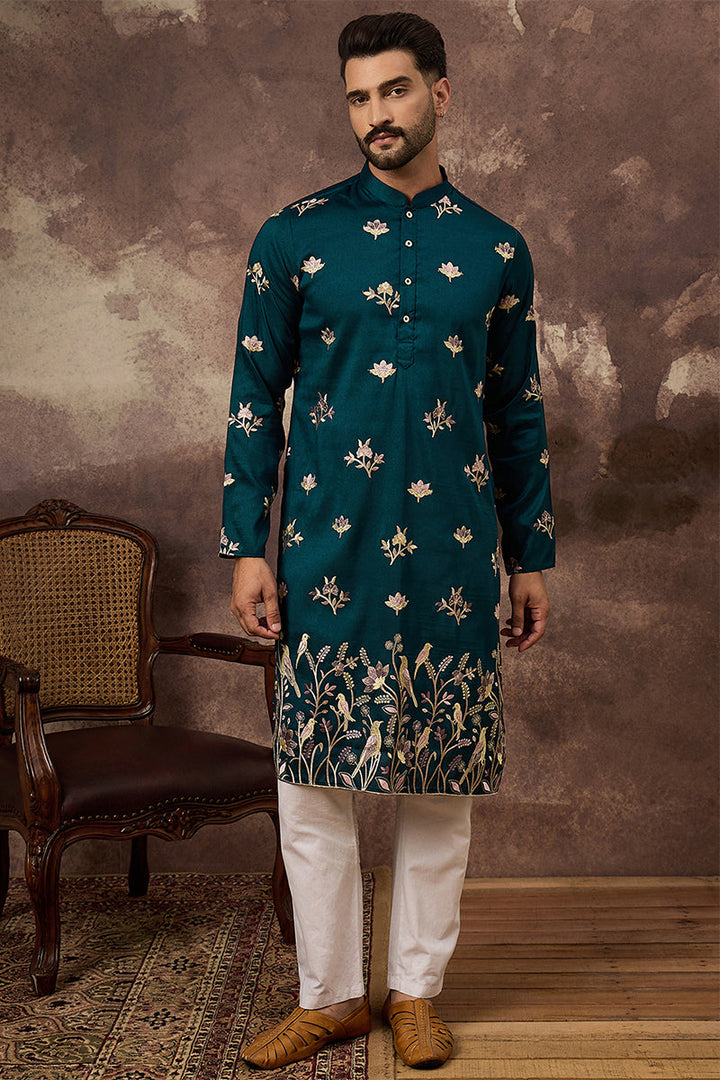 Mens Blue Silk Blend Solid Embroidered Straight Kurta