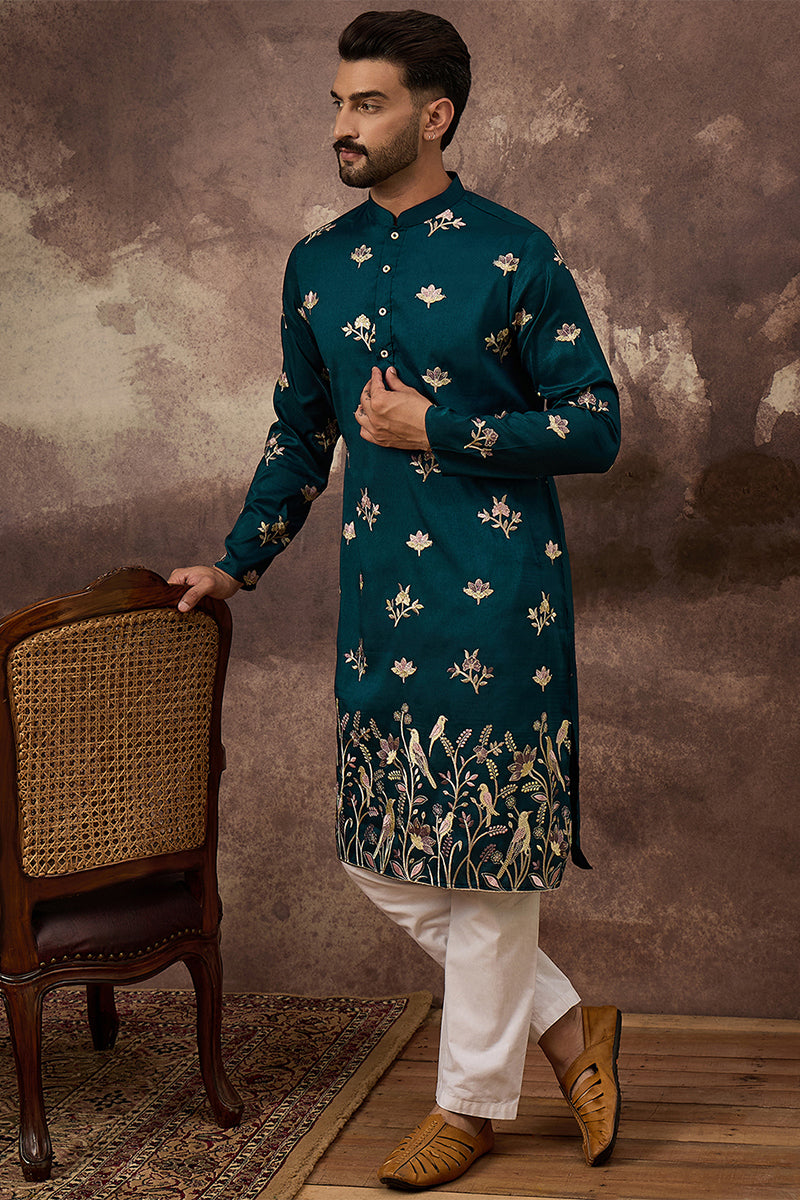 Mens Blue Silk Blend Solid Embroidered Straight Kurta
