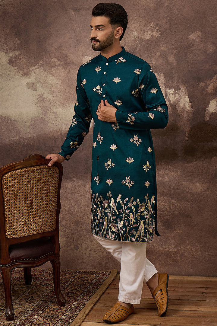 Mens Blue Silk Blend Solid Embroidered Straight Kurta