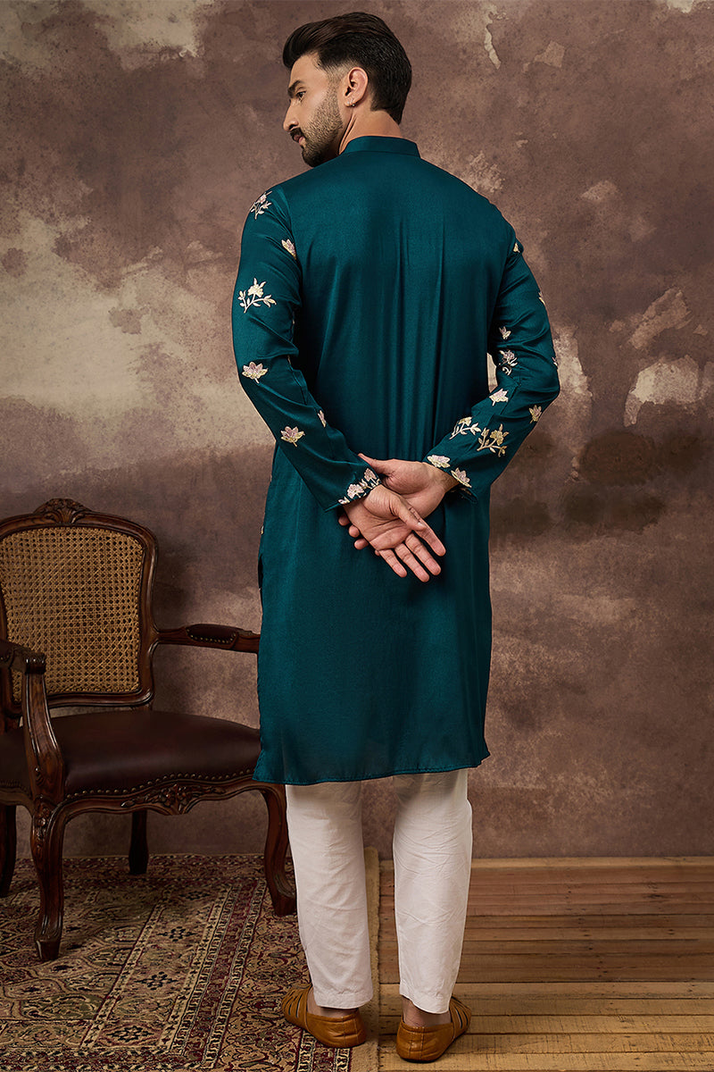 Mens Blue Silk Blend Solid Embroidered Straight Kurta