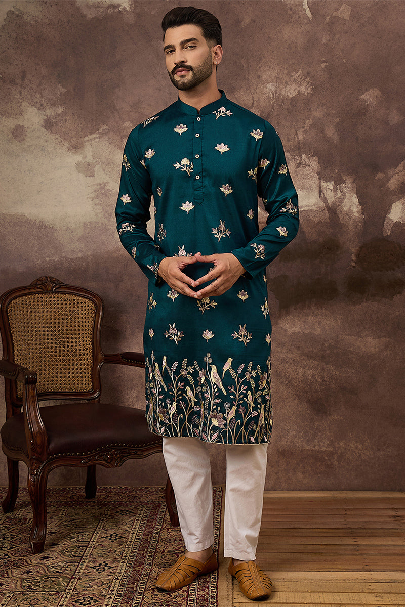 Mens Blue Silk Blend Solid Embroidered Straight Kurta