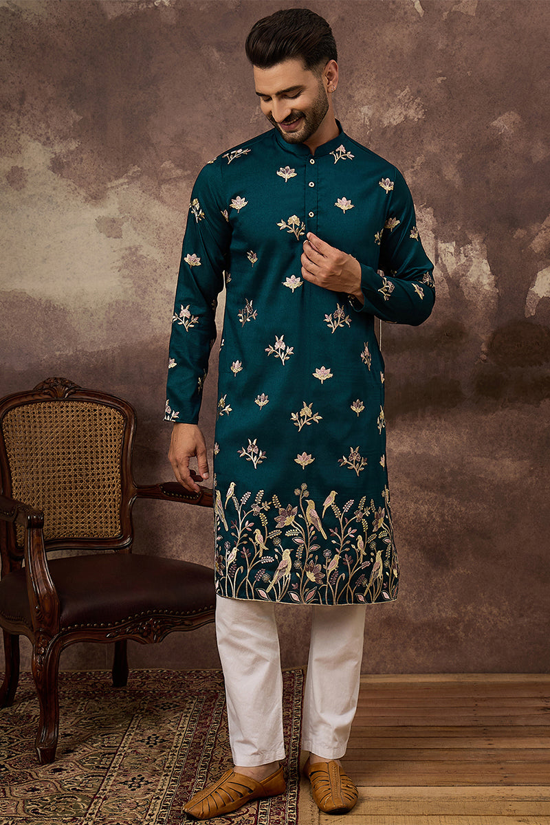 Mens Blue Silk Blend Solid Embroidered Straight Kurta