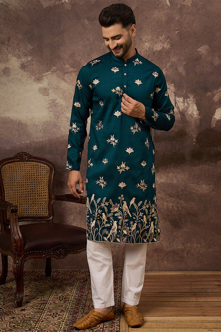 Mens Blue Silk Blend Solid Embroidered Straight Kurta