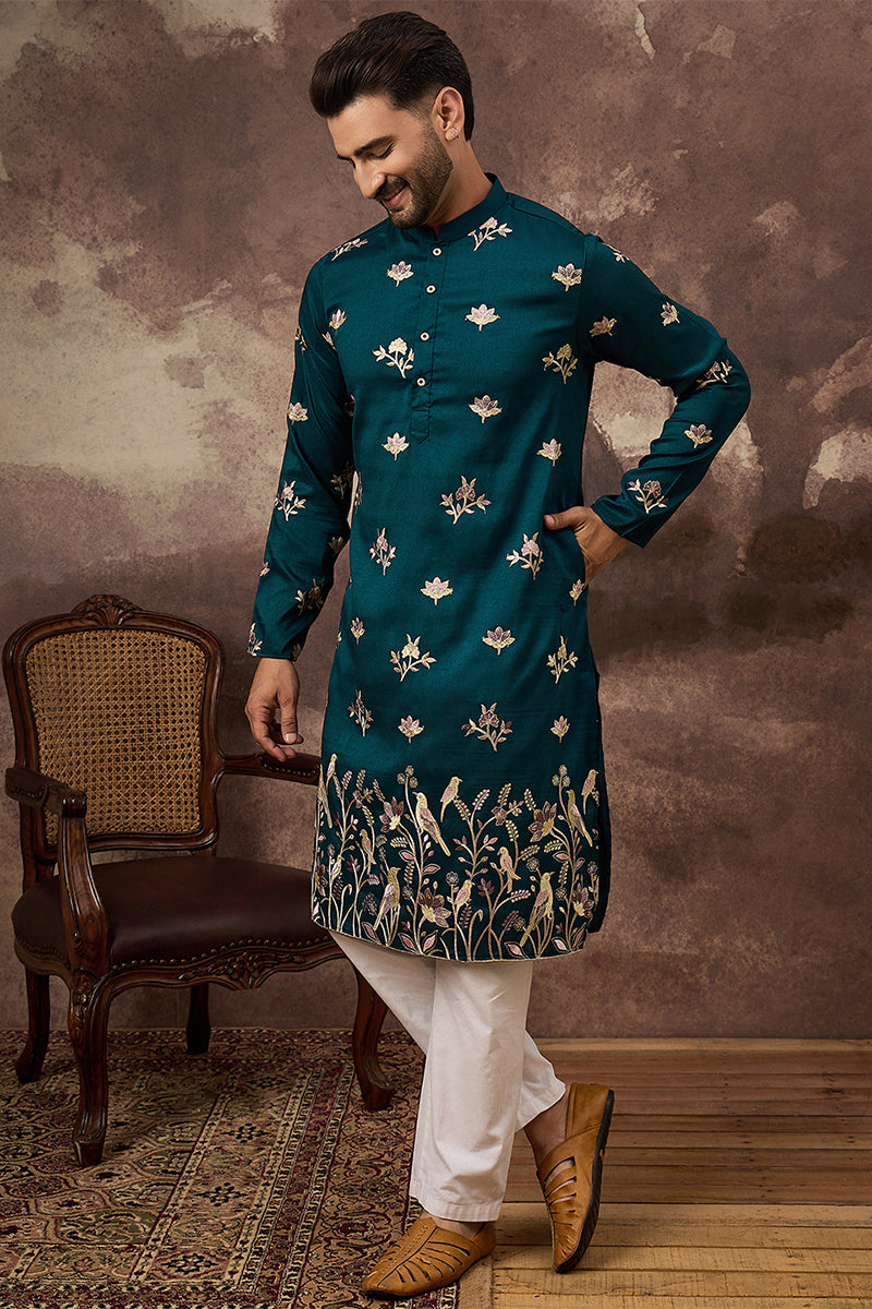 Mens Blue Silk Blend Solid Embroidered Straight Kurta