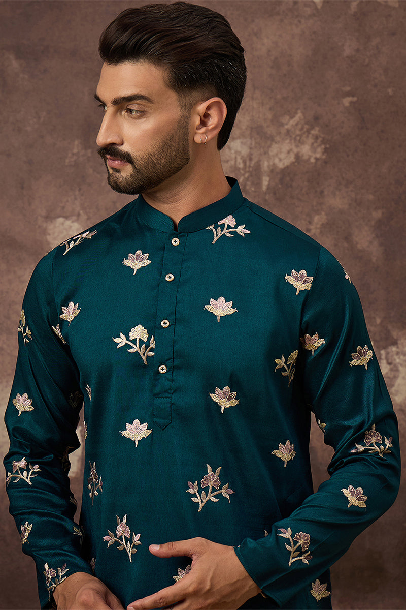 Mens Blue Silk Blend Solid Embroidered Straight Kurta