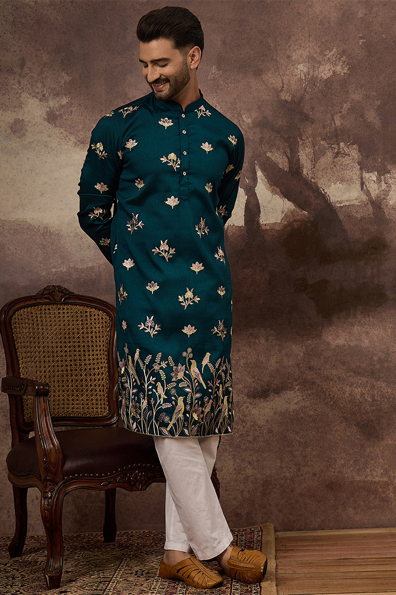 Mens Blue Silk Blend Solid Embroidered Straight Kurta