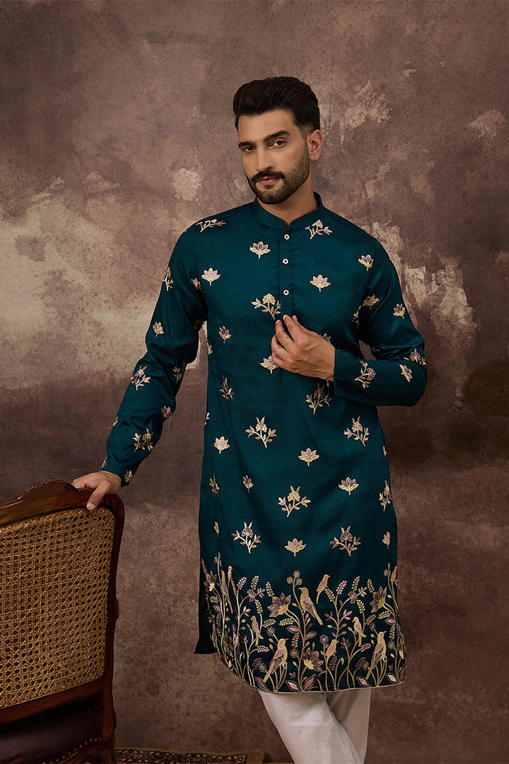 Mens Blue Silk Blend Solid Embroidered Straight Kurta