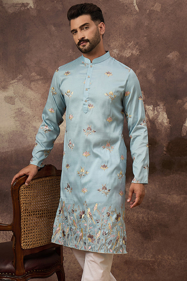 Mens Blue Silk Blend Solid Embroidered Straight Kurta