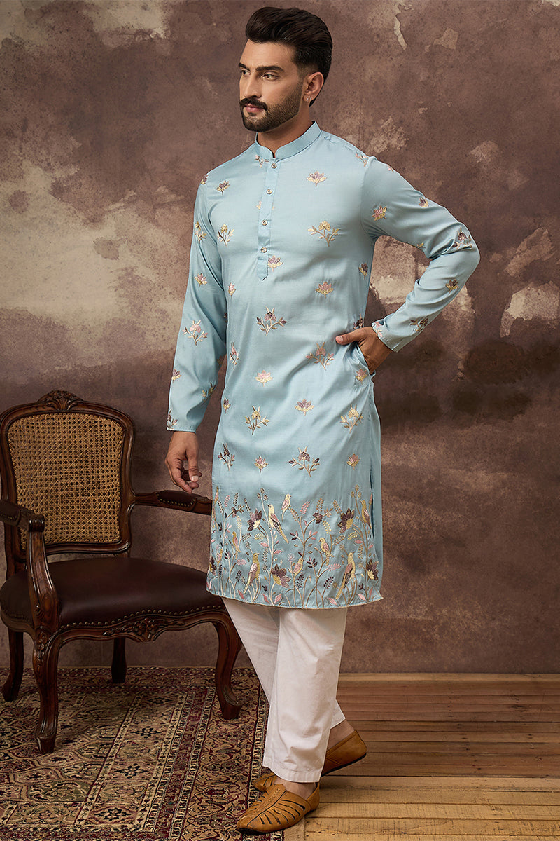 Mens Blue Silk Blend Solid Embroidered Straight Kurta