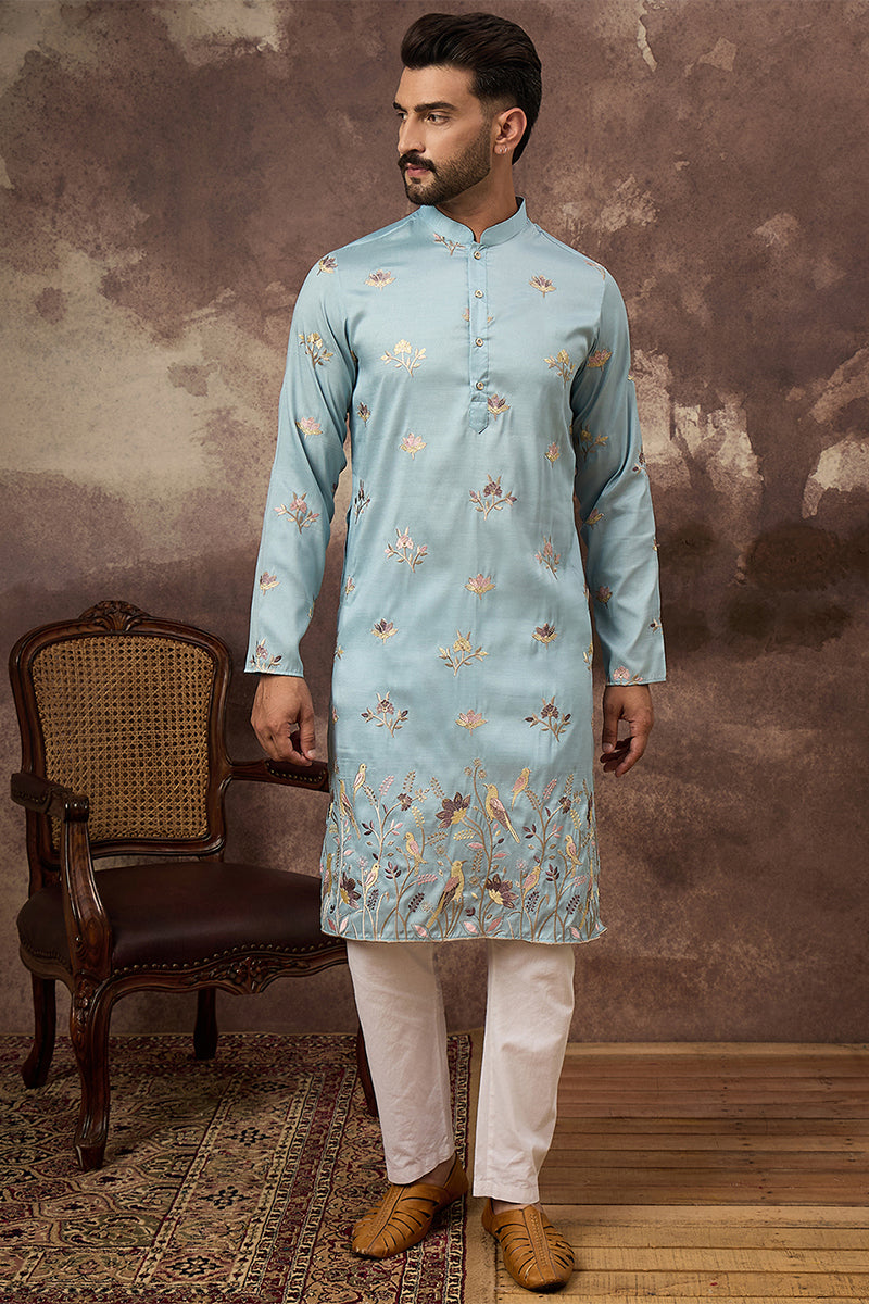Mens Blue Silk Blend Solid Embroidered Straight Kurta