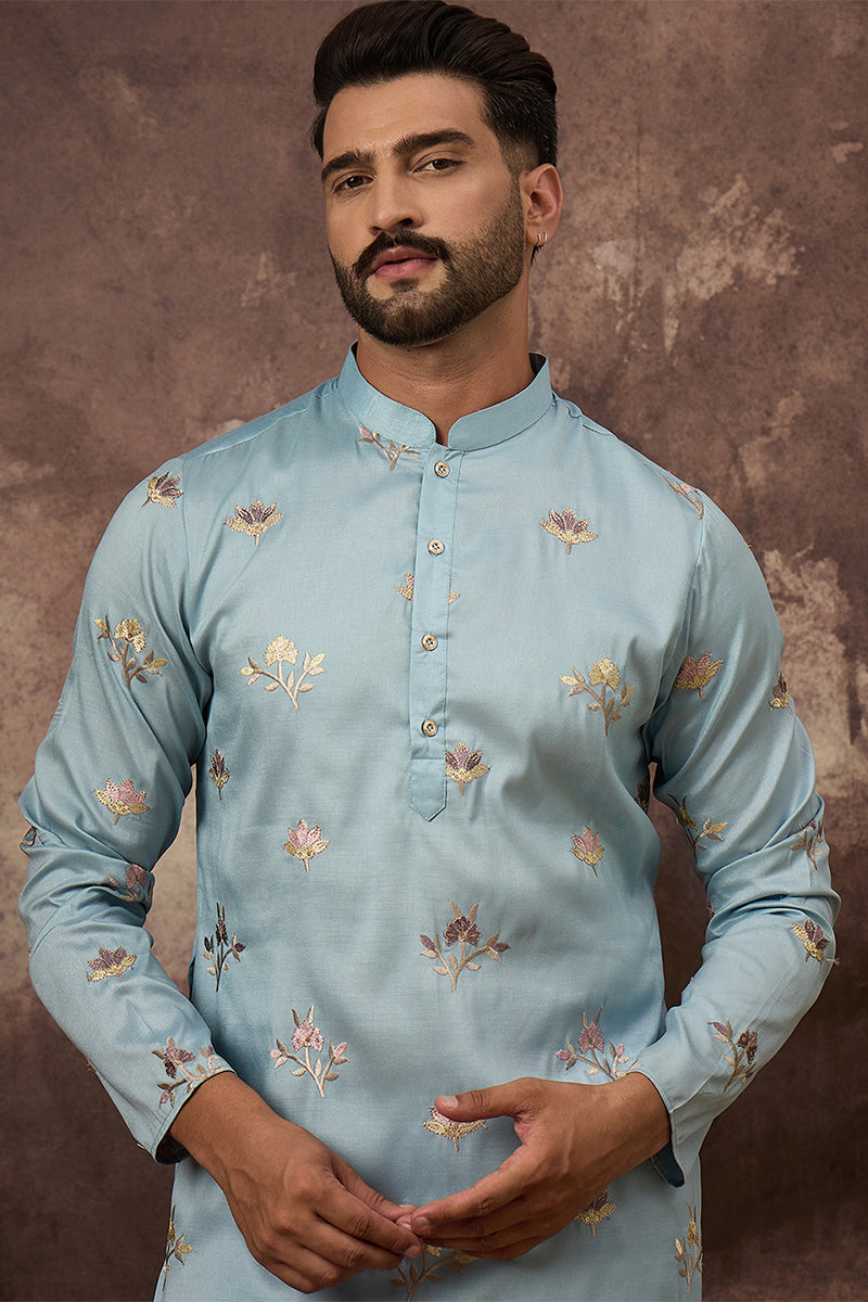 Mens Blue Silk Blend Solid Embroidered Straight Kurta