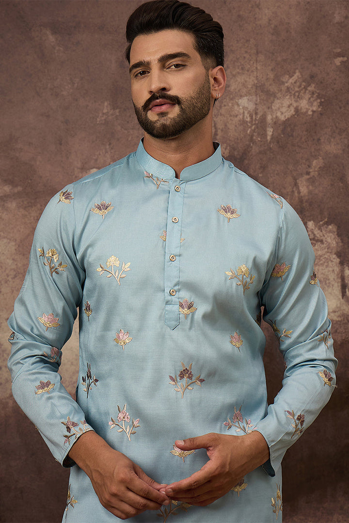 Mens Blue Silk Blend Solid Embroidered Straight Kurta