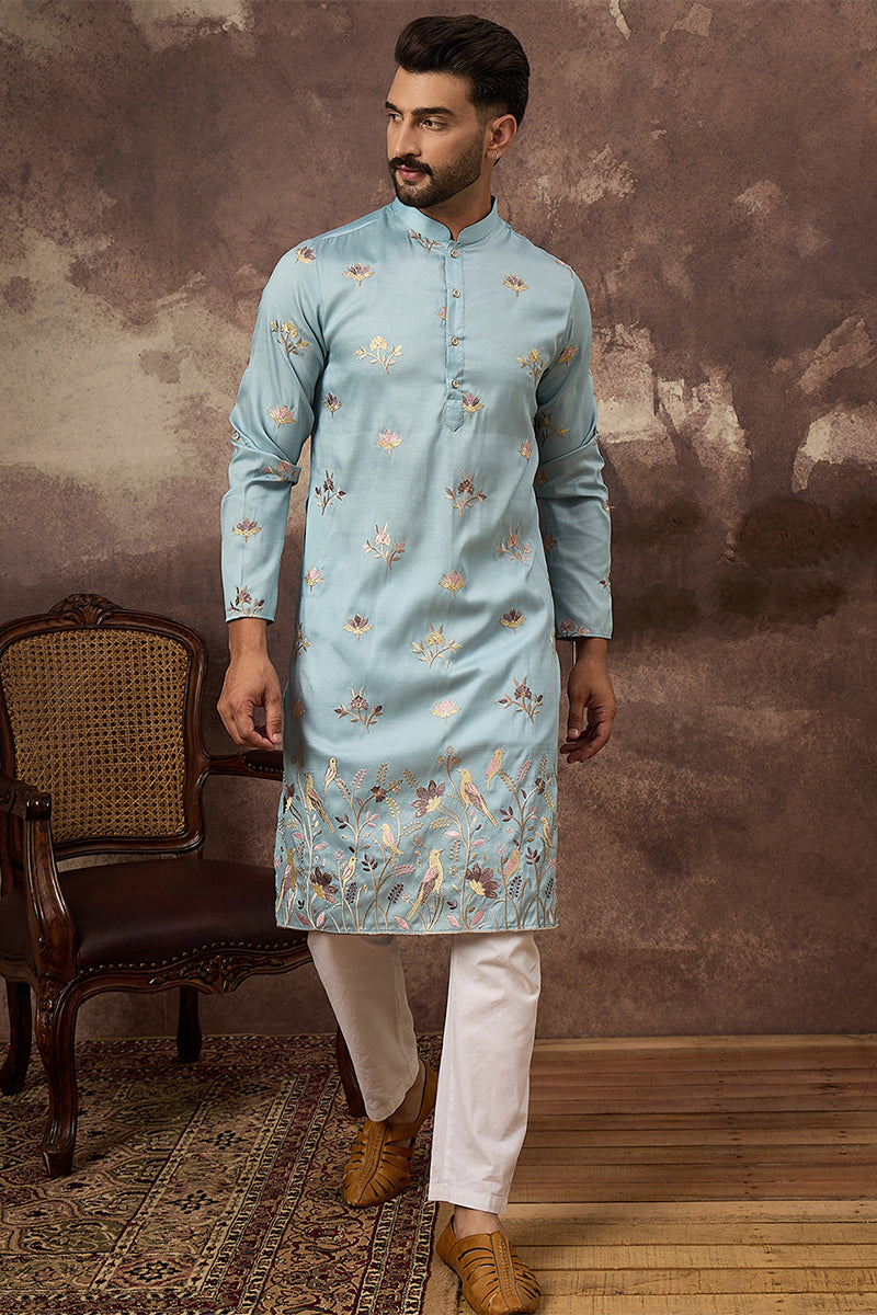 Mens Blue Silk Blend Solid Embroidered Straight Kurta
