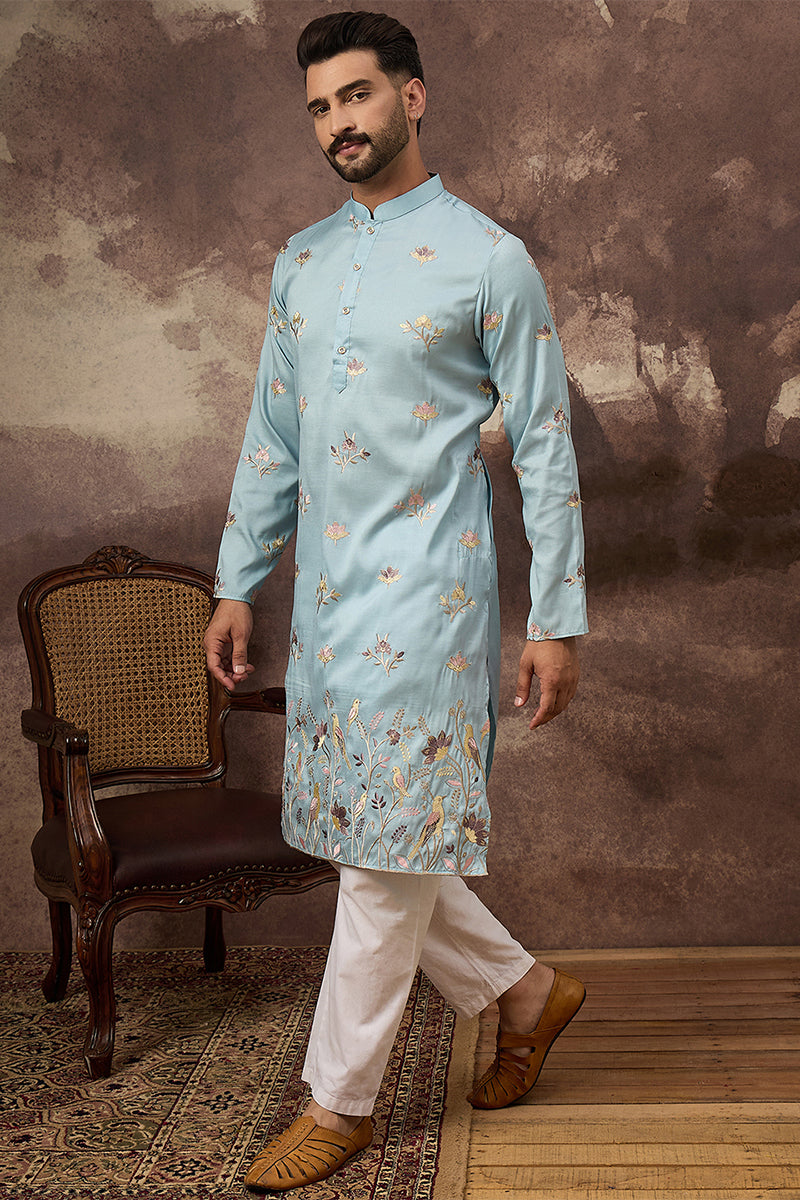 Mens Blue Silk Blend Solid Embroidered Straight Kurta