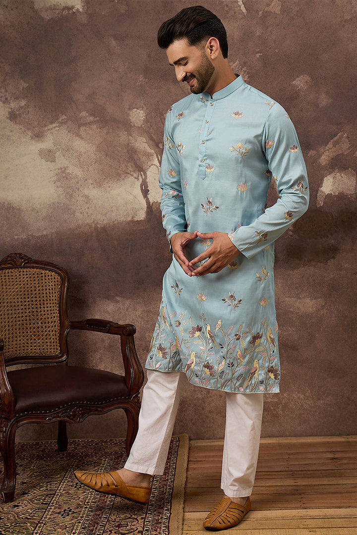 Mens Blue Silk Blend Solid Embroidered Straight Kurta