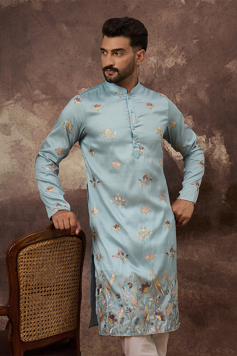 Mens Blue Silk Blend Solid Embroidered Straight Kurta