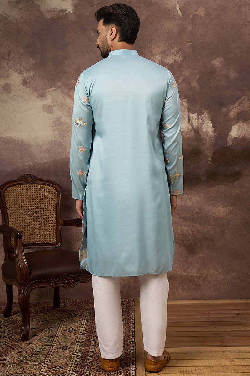 Mens Blue Silk Blend Solid Embroidered Straight Kurta