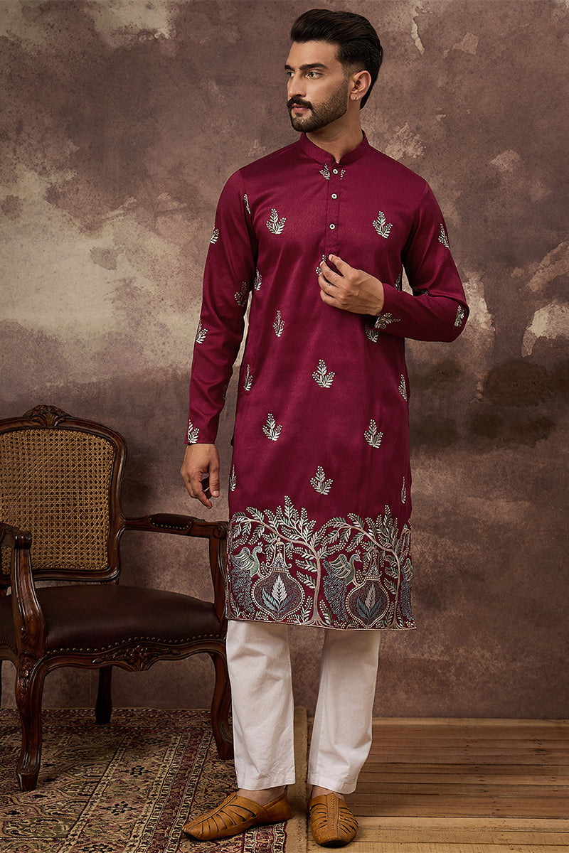 Mens Maroon Silk Blend Solid Embroidered Straight Kurta