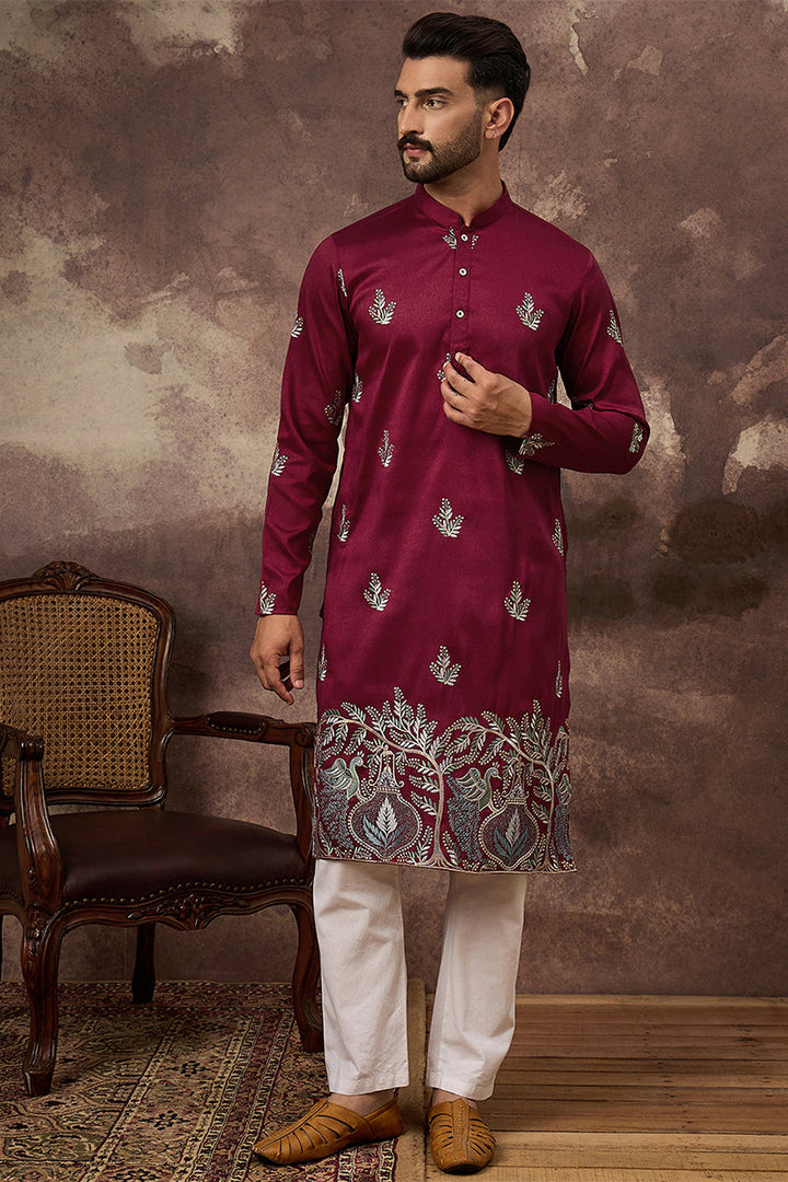 Mens Maroon Silk Blend Solid Embroidered Straight Kurta