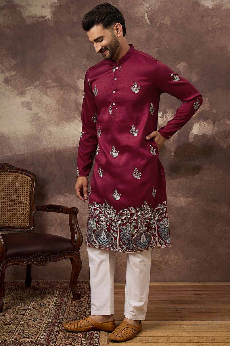 Mens Maroon Silk Blend Solid Embroidered Straight Kurta