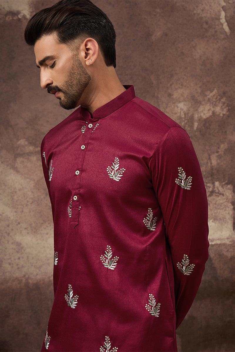 Mens Maroon Silk Blend Solid Embroidered Straight Kurta