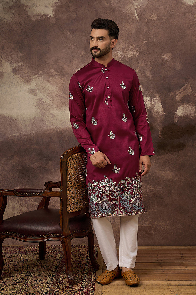 Mens Maroon Silk Blend Solid Embroidered Straight Kurta