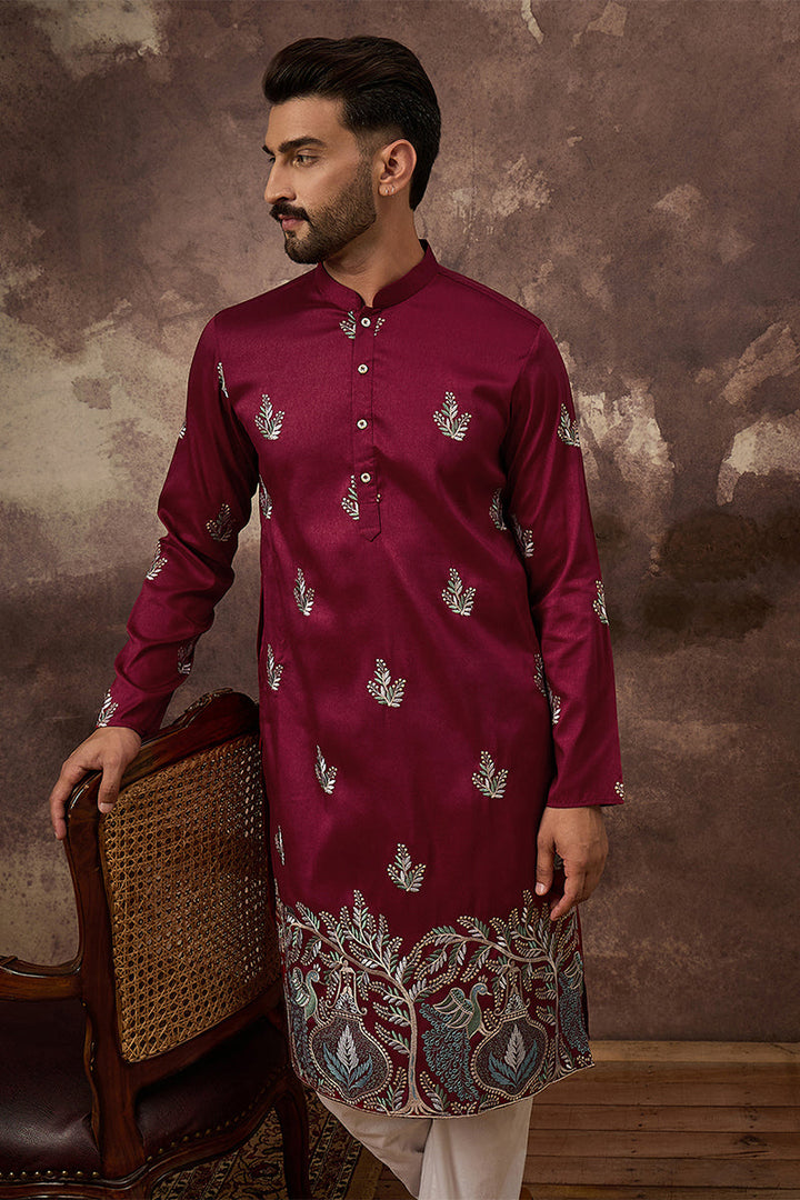 Mens Maroon Silk Blend Solid Embroidered Straight Kurta