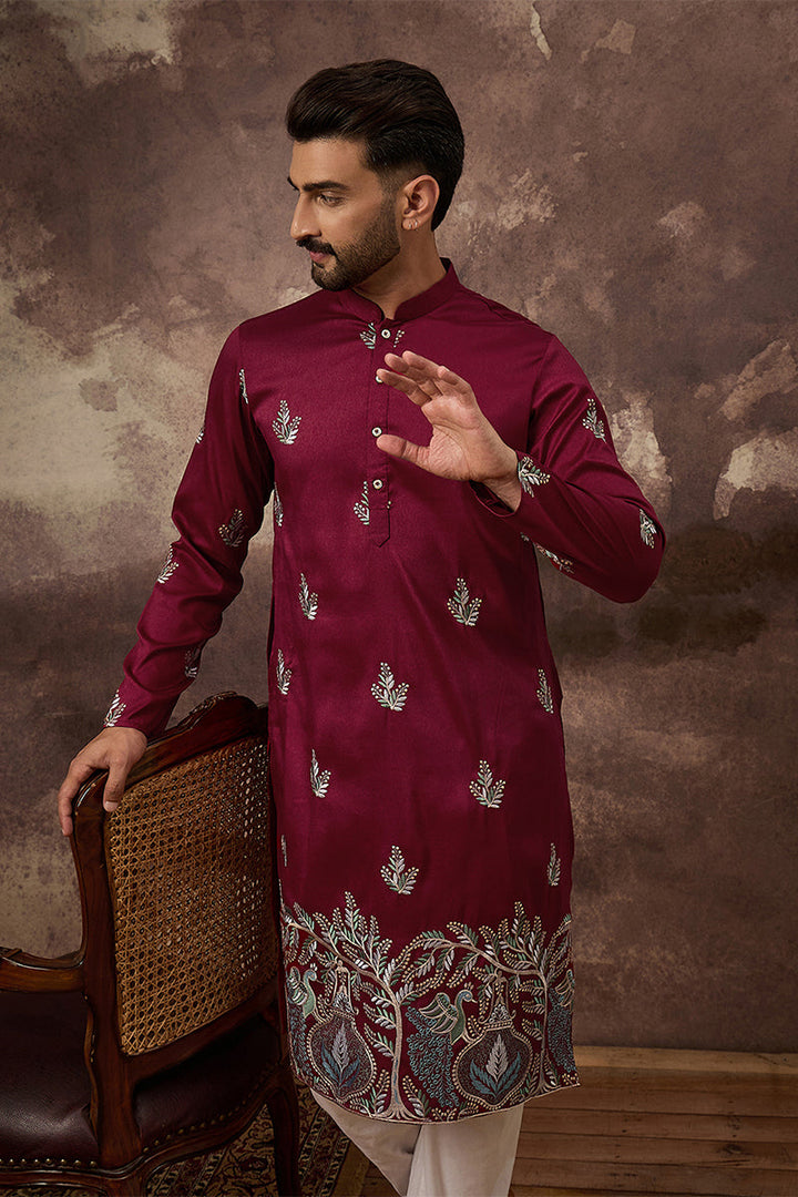 Mens Maroon Silk Blend Solid Embroidered Straight Kurta