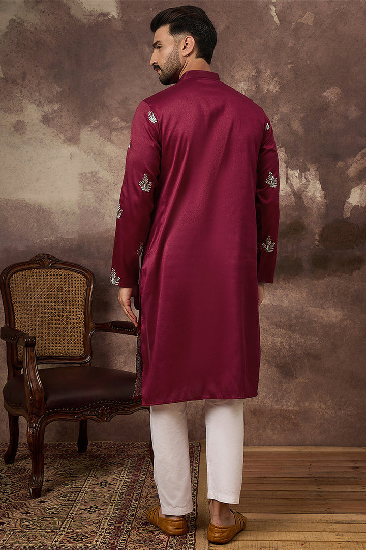 Mens Maroon Silk Blend Solid Embroidered Straight Kurta
