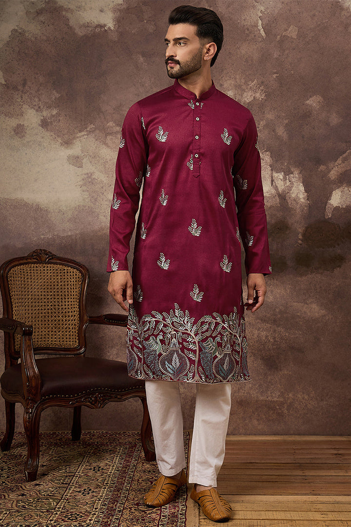 Mens Maroon Silk Blend Solid Embroidered Straight Kurta