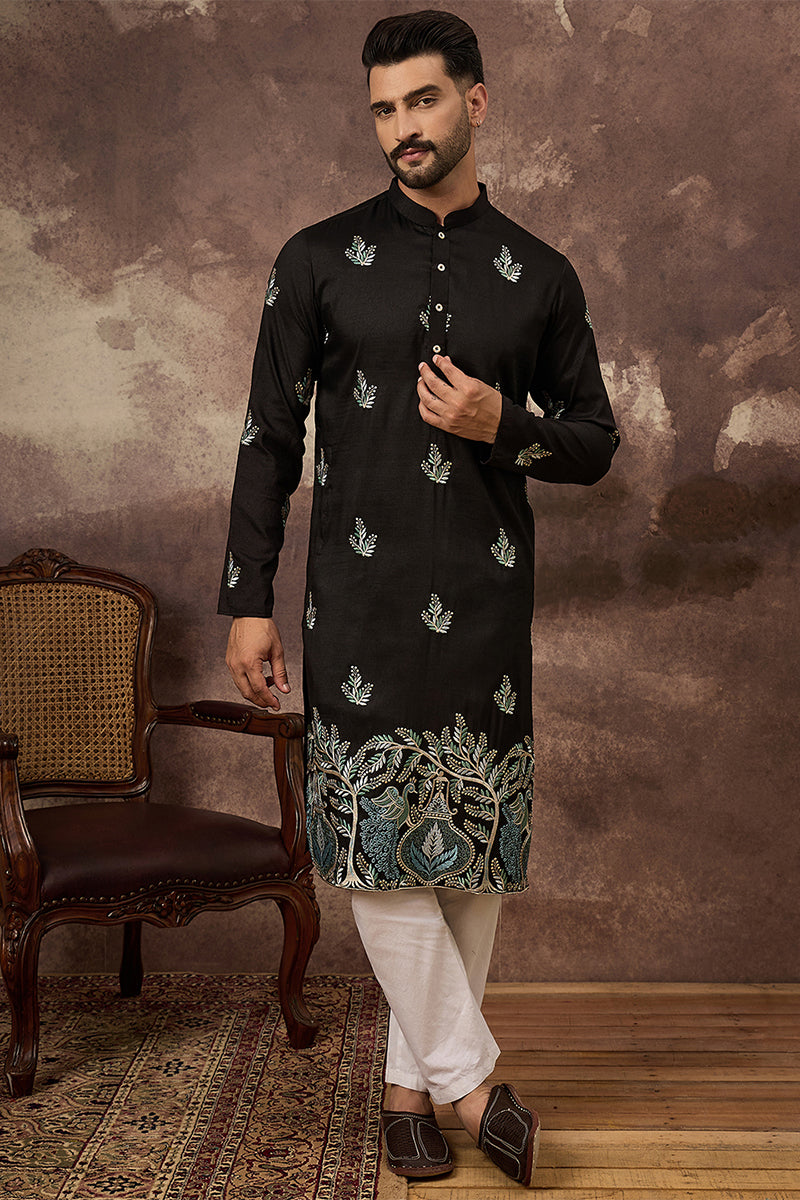 Mens Black Silk Blend Solid Embroidered Straight Kurta