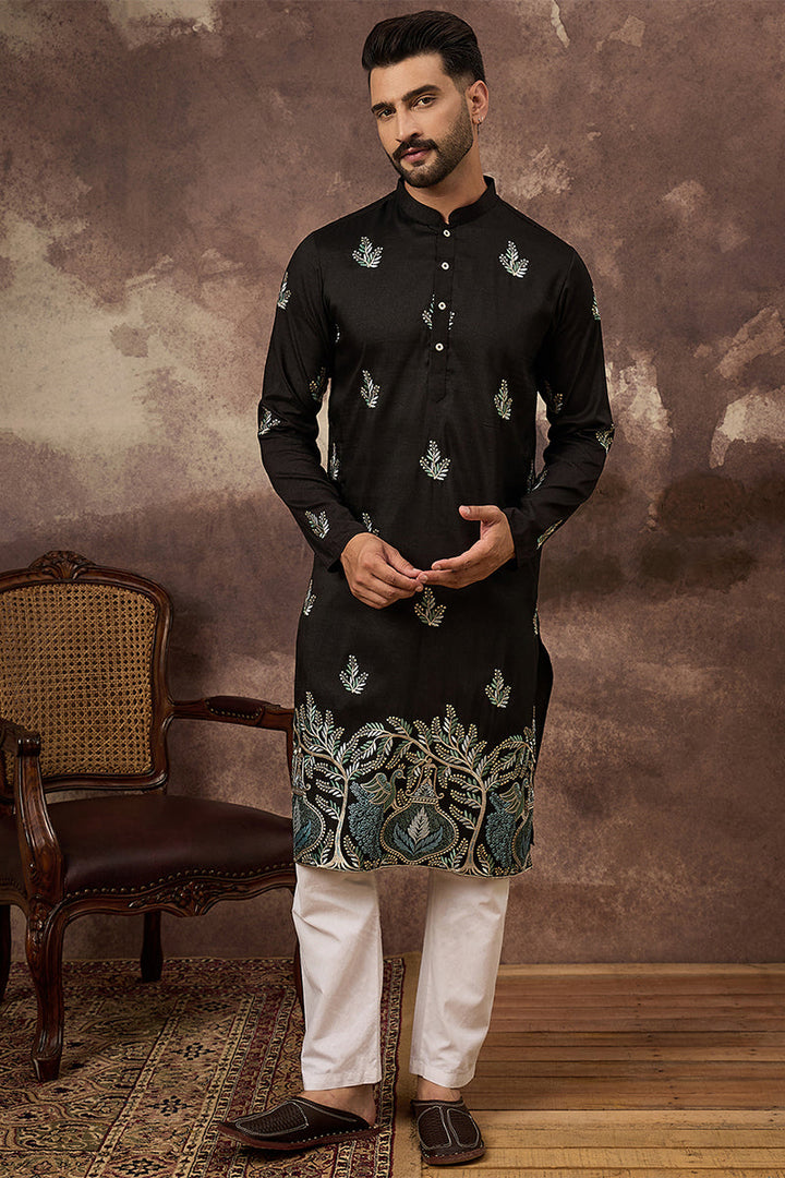 Mens Black Silk Blend Solid Embroidered Straight Kurta