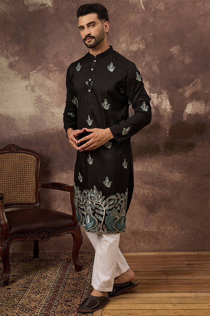 Mens Black Silk Blend Solid Embroidered Straight Kurta