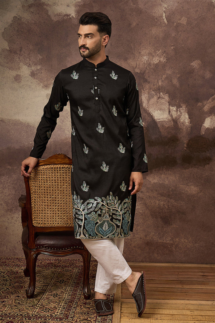 Mens Black Silk Blend Solid Embroidered Straight Kurta