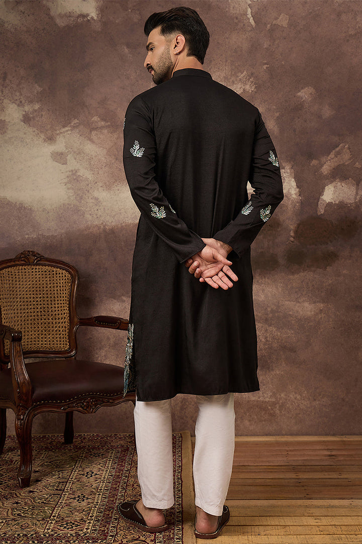 Mens Black Silk Blend Solid Embroidered Straight Kurta
