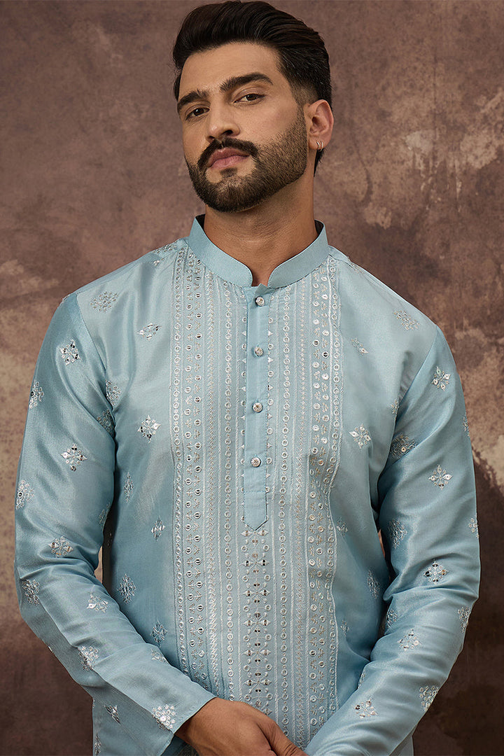 Mens Blue Silk Blend Solid Embroidered Straight Kurta