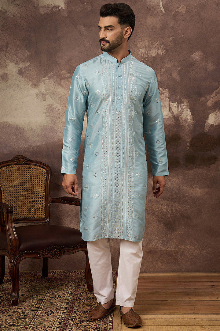 Mens Blue Silk Blend Solid Embroidered Straight Kurta
