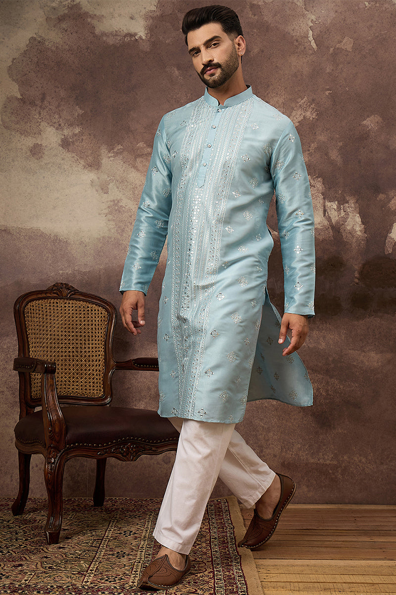 Mens Blue Silk Blend Solid Embroidered Straight Kurta