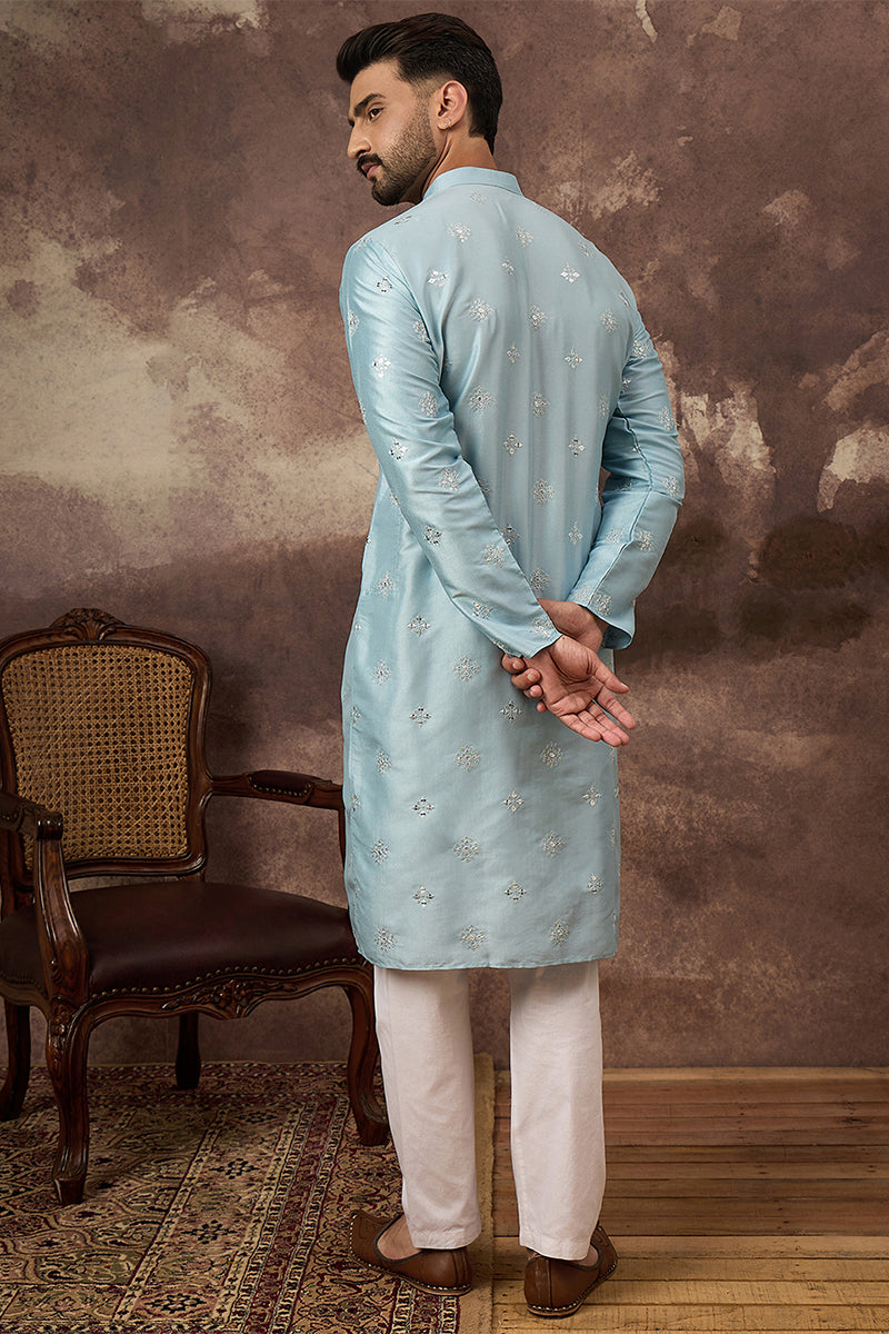 Mens Blue Silk Blend Solid Embroidered Straight Kurta